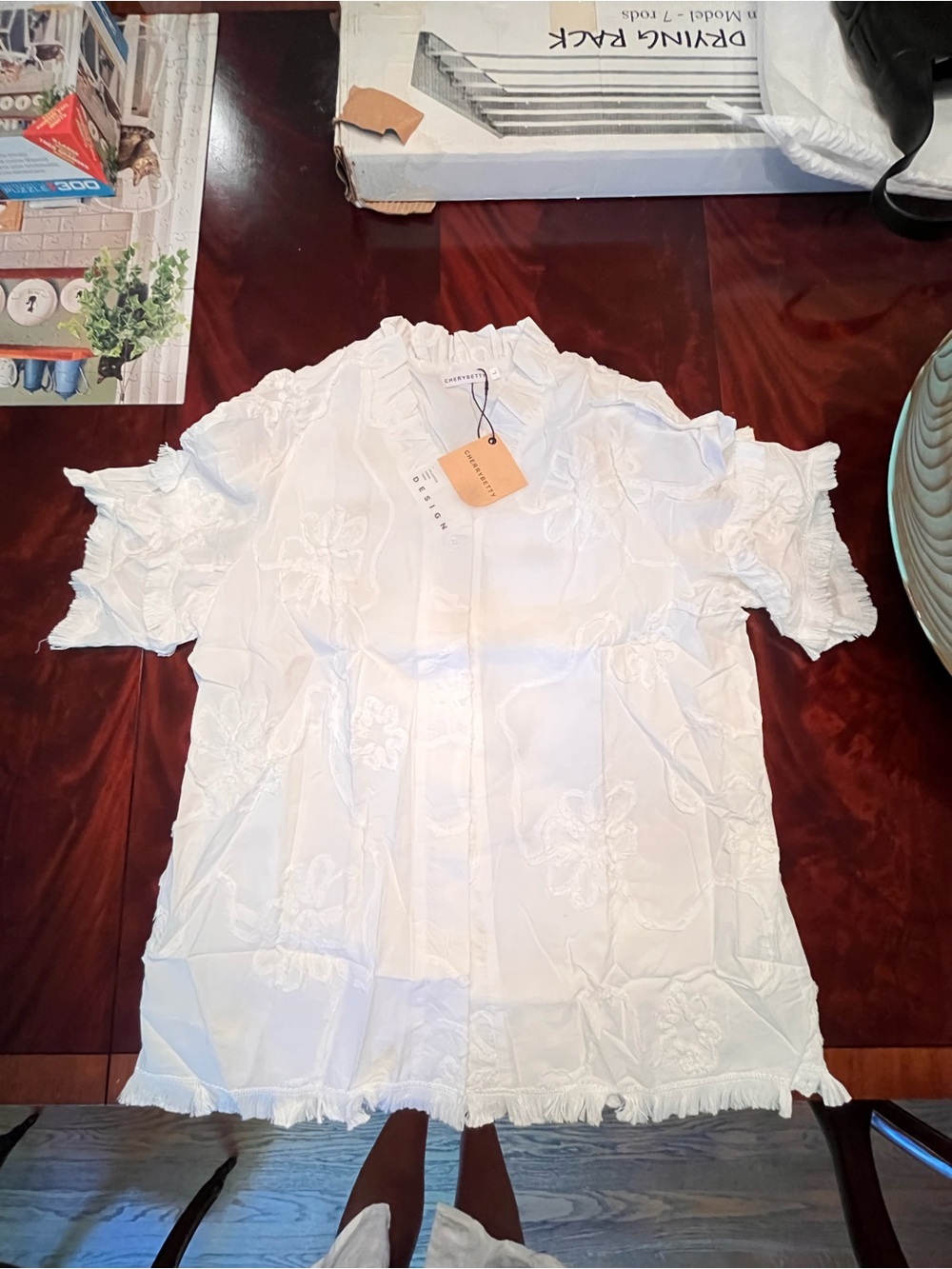 Cherry Betty White Embroidered Short-Sleeve Blouse with Ruffle Trim Never Worn
